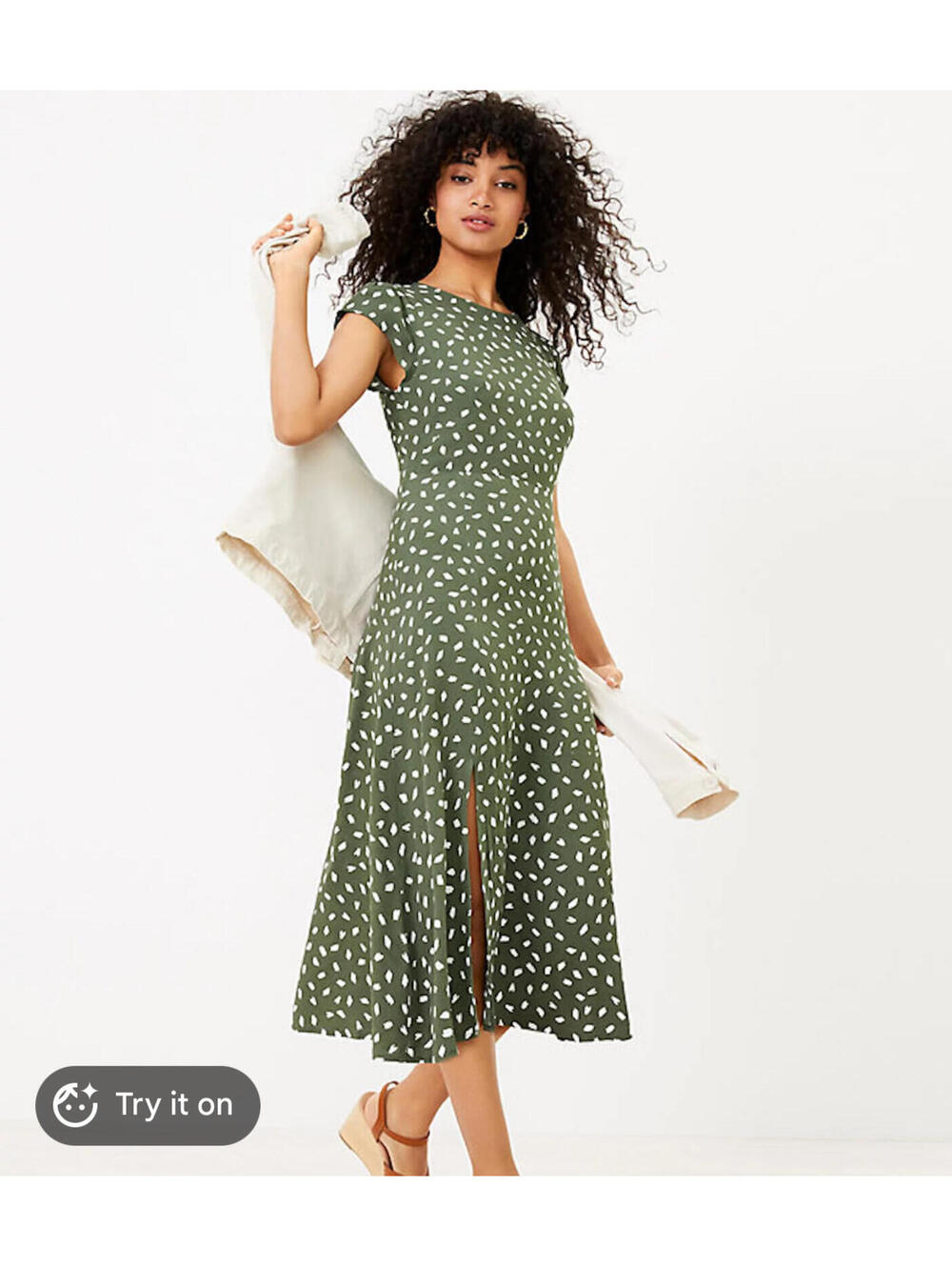 LOFT Olive Green Brushstroke Midi Dress Coastal Grandmother Cottagecore